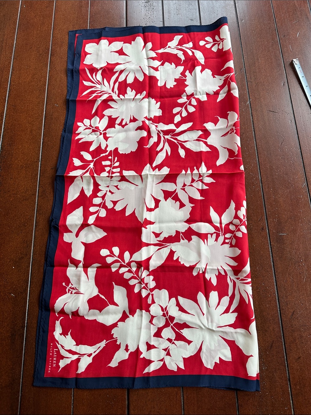 Lauren Ralph Lauren Red and White Floral Scarf with Navy Border